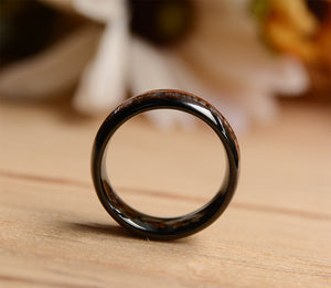 8mm Black Tungsten Ring With Cool Koa Wood Inlay and Sleek Silver Feathered Arrow