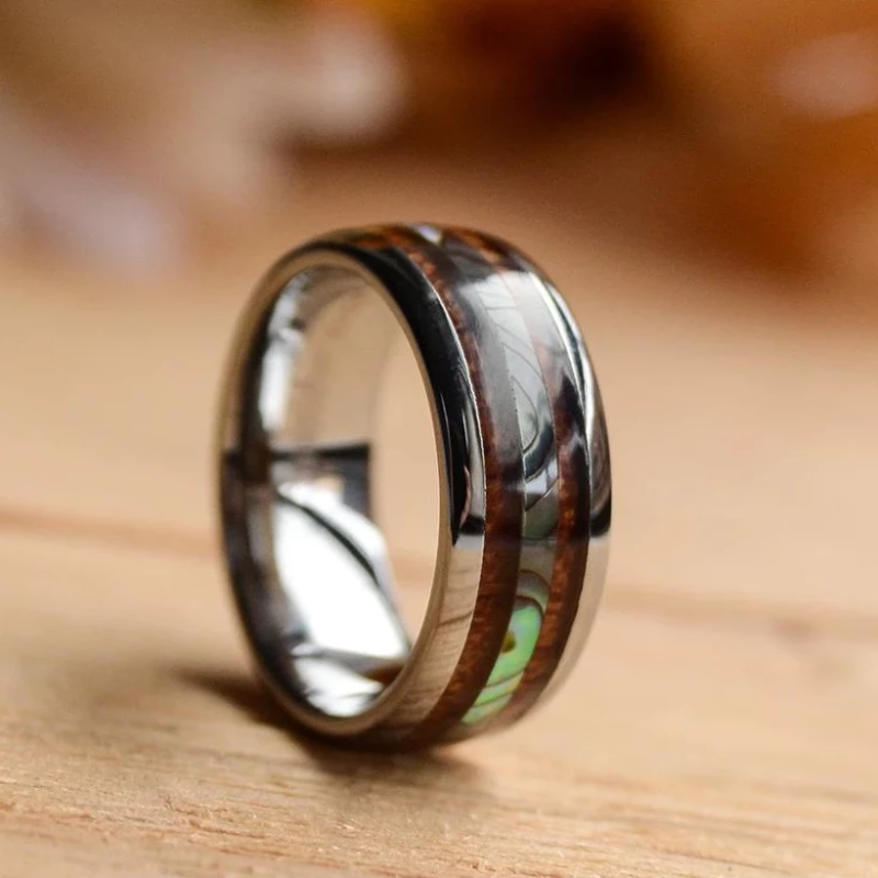 8mm Abalone Shell Wood Inlay Tungsten Wood Band