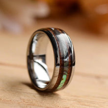 Mens Wedding Rings 8mm Abalone Shell and Wood Inlay Tungsten Wood Band