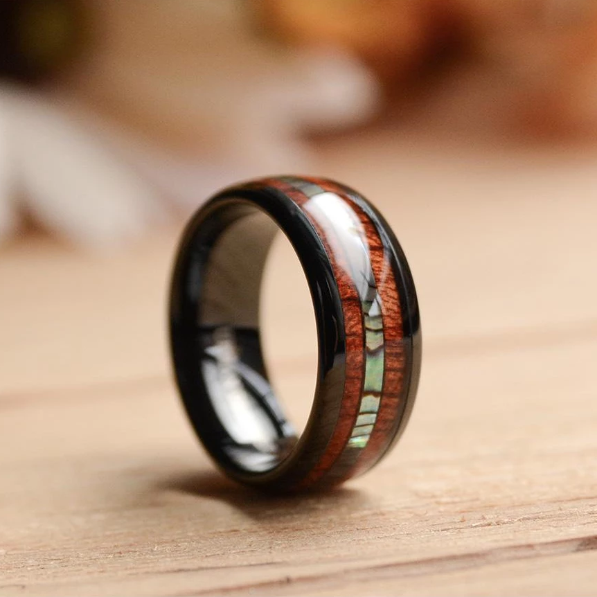8mm Abalone Shell Wood Inlay Tungsten Wood Ring