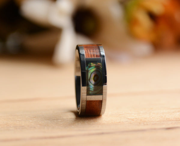 Unique mens wedding band with wood inlay and abalone shell from Urban Designer.