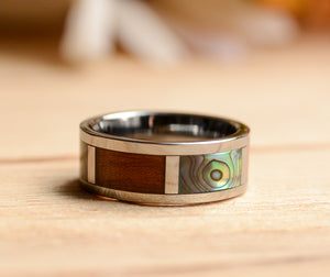 8mm Abalone Shell and Koa Wood Inlay Tungsten Ring