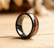 Black Tungsten Ring Sets with Koa Wood Inlay and Sleek Silver Feathered Arrow