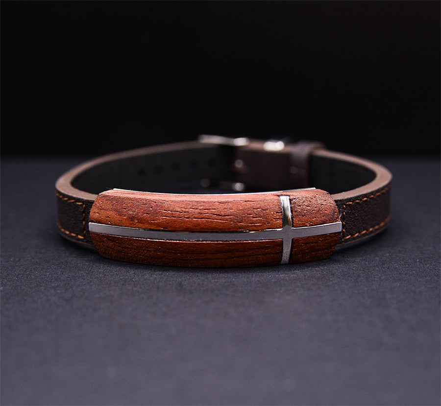 Wooden Jewelry Set: Premium Leather Bracelet For Men- Mens Wooden