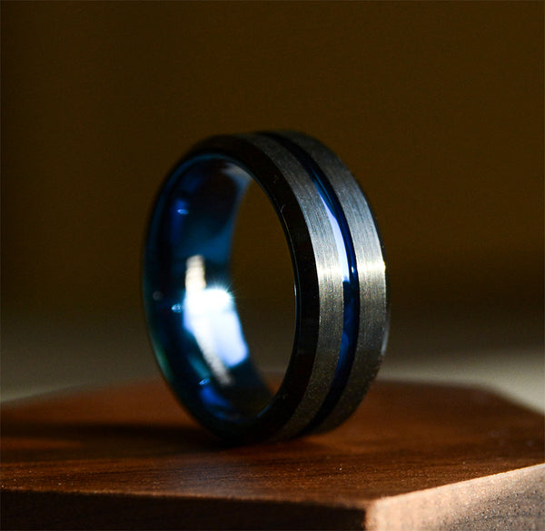 Wedding Band Men Dark Tungsten Wedding Ring For Men With Blue Color Combine | Urban Designer
