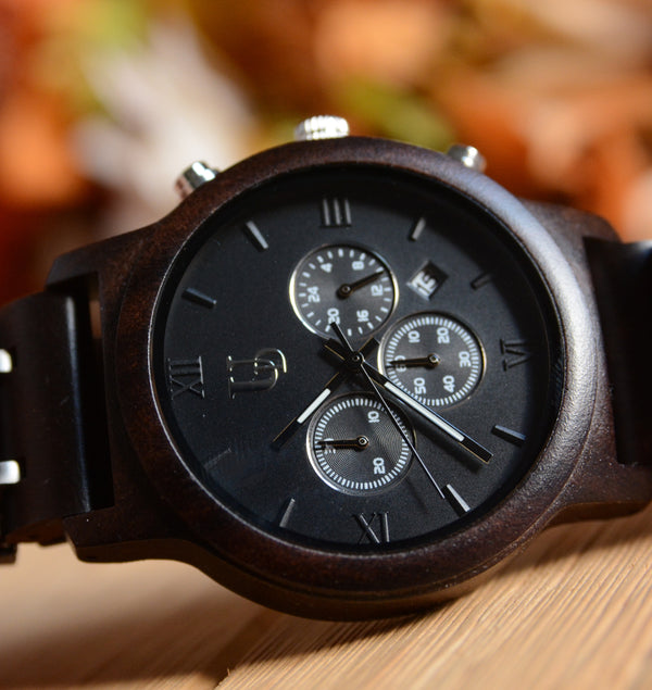 Men's Chronograph Wood Watch With Dark Wood & Stainless Steel Combined Watch Band