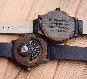 UXD Handmade Compass Wooden Watch For Men With Leather Strap