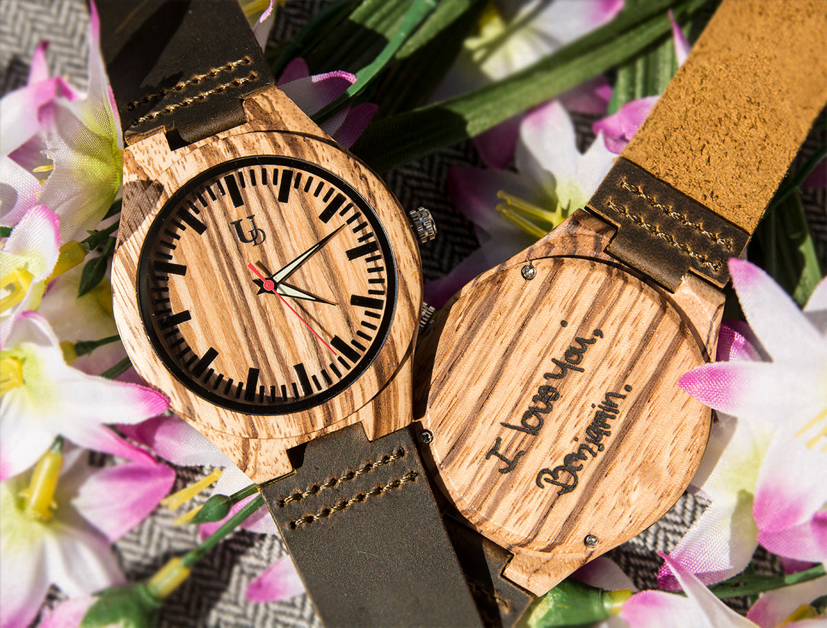 UXD Personalized/Engraved Exotic Zebra Wood Face Watch with Genuine Leather Band