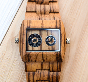 Engraved Dual Panel Square Zebra Wood Watch For Men