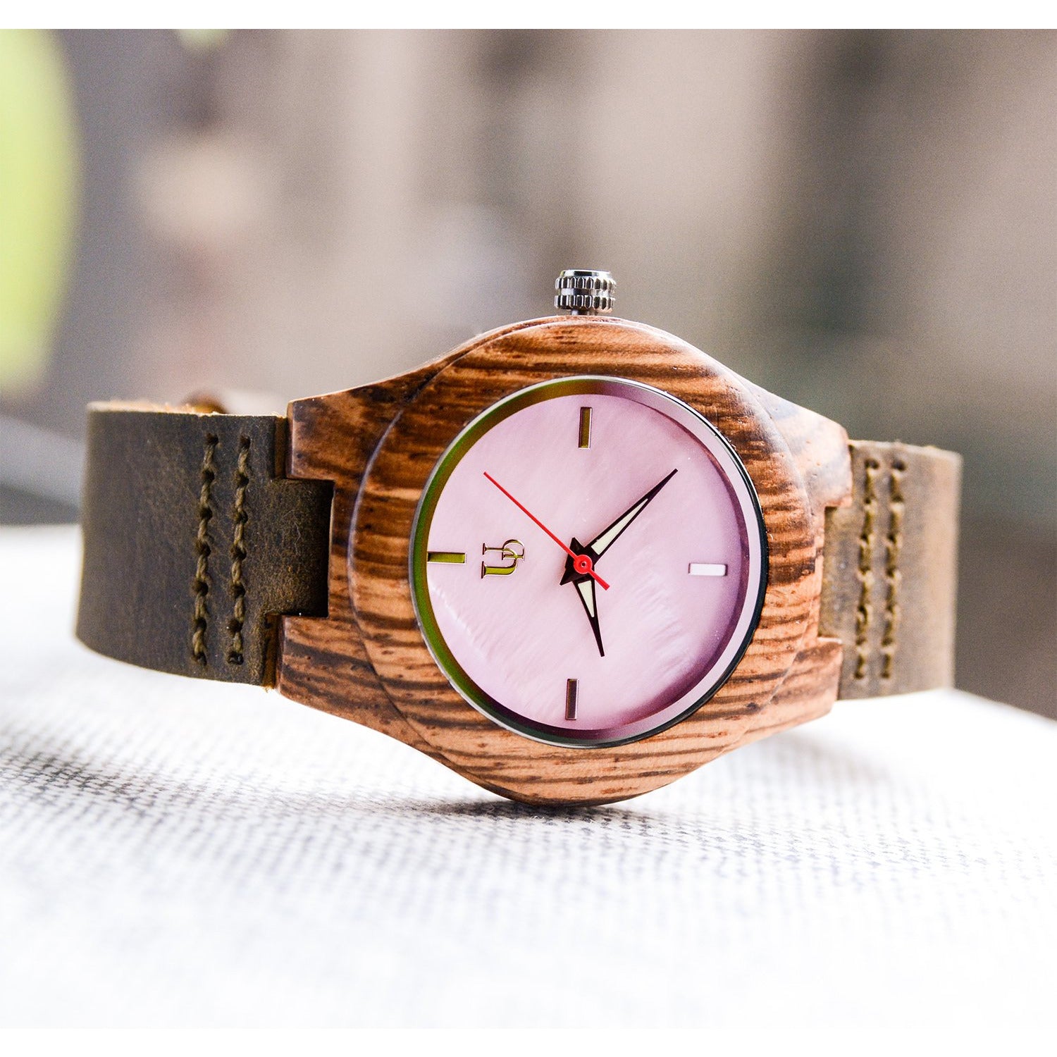 UD Personalized Engraved Exotic Zebra Wood Face Watch Premium Leather Strap