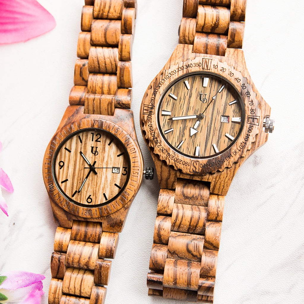 UD Personalized Engraved His Her Round Zebra Wooden Watches Date Display