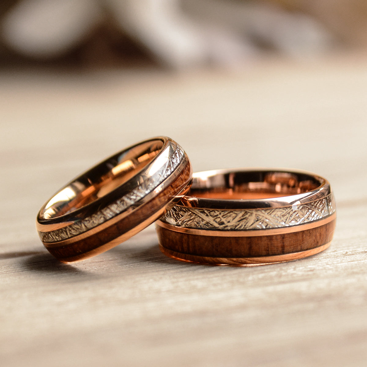 Match His Hers Rose Gold Tungsten Rings Meteorite Wood Inlay