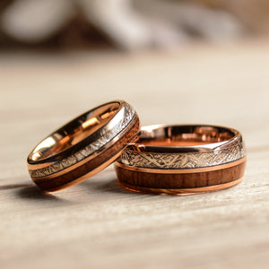 Match His and Hers Rose Gold Tungsten Rings With Meteorite And Wood Inlay-Wood Wedding Bands | Urban Designer
