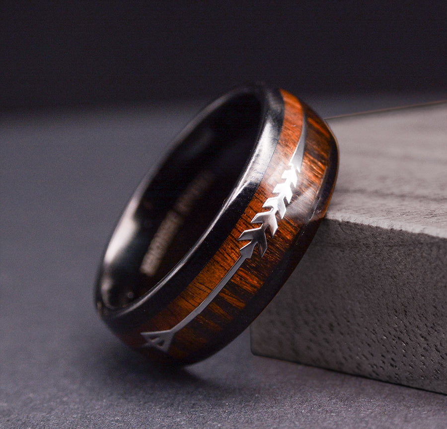 8mm Tungsten Ring Cool Koa Wood Inlay Sleek Silver Feathered Arrow
