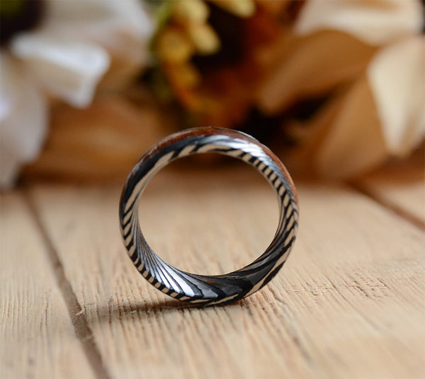 8mm Mens Wedding Band with Koa Wood Inlay and Damascus Steel Pattern Ring