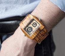 UXD Engraved Dual Panel Square Zebra Wood Watch For Men