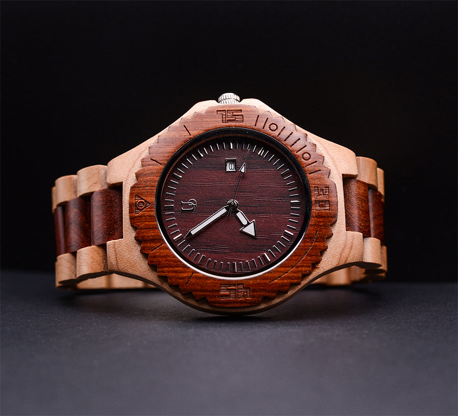 Personalized Engraved Red Beige Maple Wooden Watch Date Display