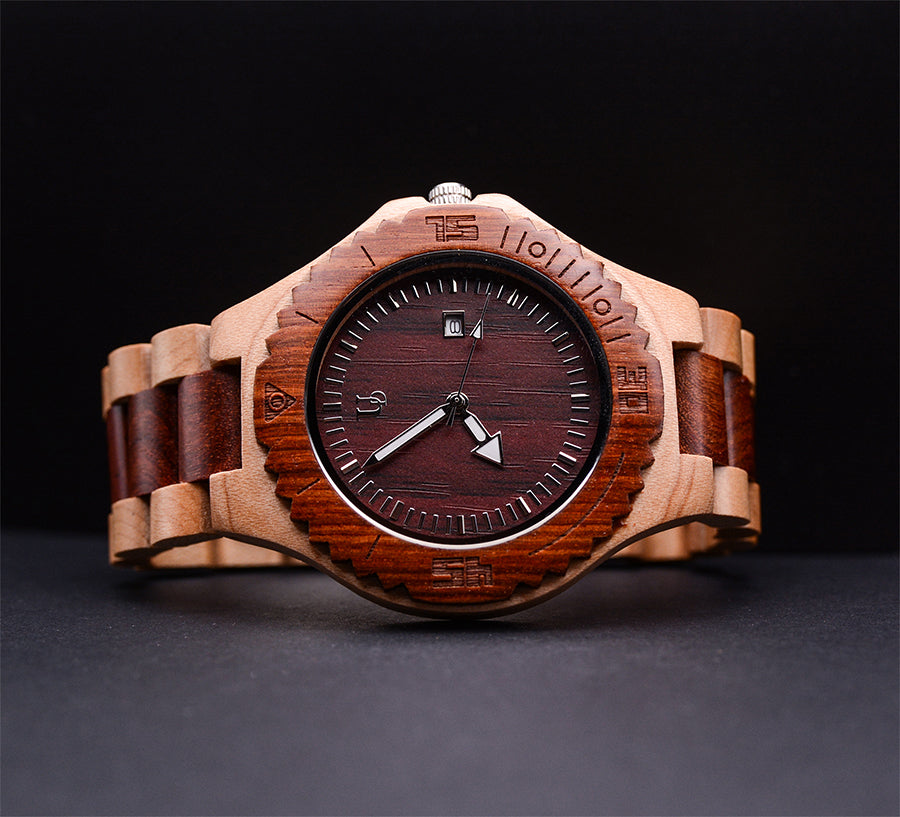 Personalized/Engraved Red/Beige Maple Wooden Watch with Date Display