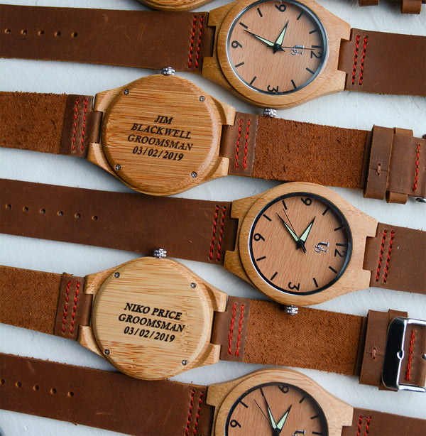 Groomsmen wooden watches from Urban Designer organized in a row.