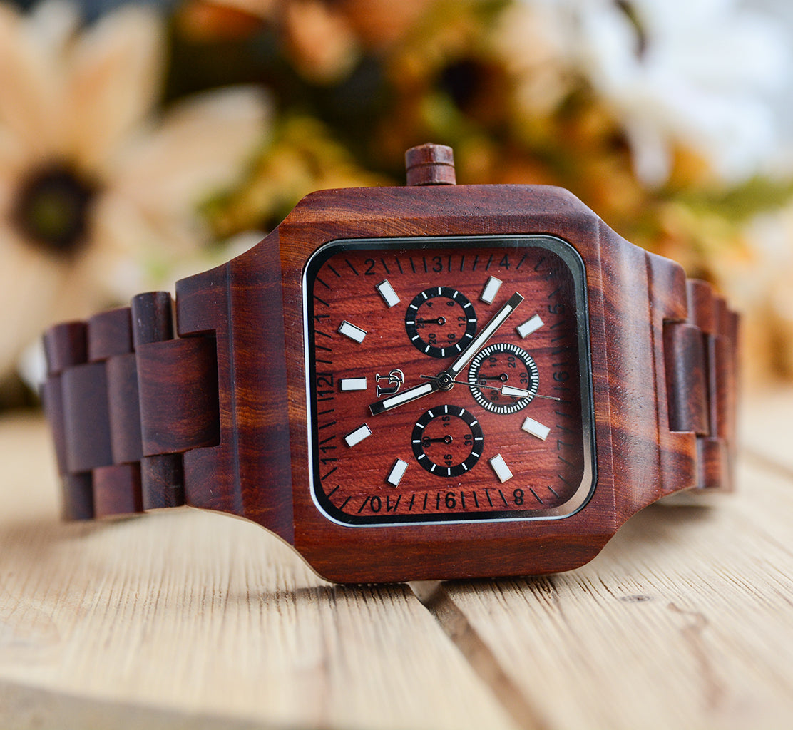 UD Handmade Mens Red Sandal Wooden Watch Square Wood Face Yes