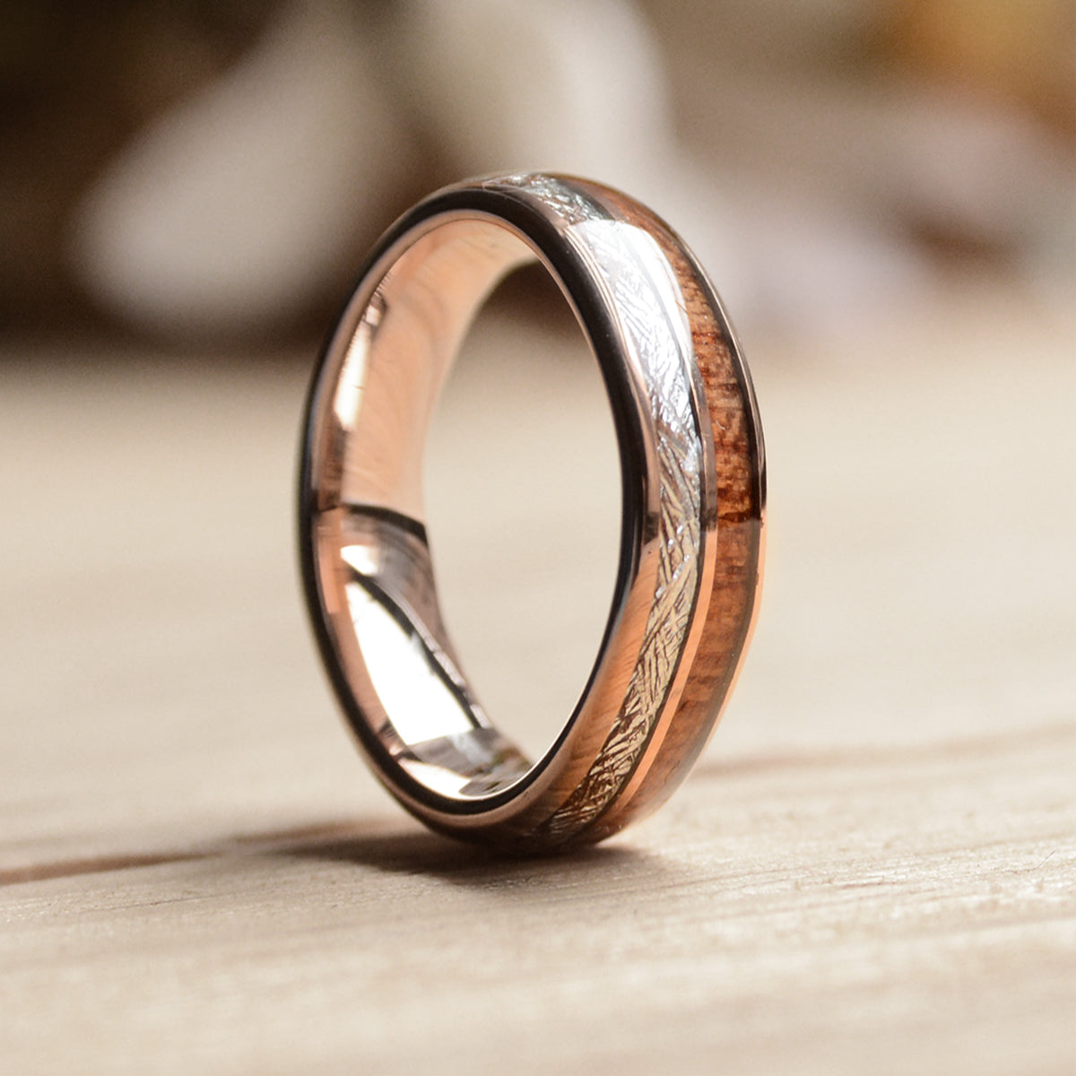 6mm Rose Gold Plated Tungsten Ring Meteorite Wood Inlay