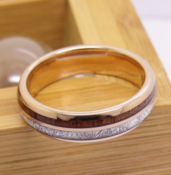 Wood Wedding Band For Women - 6mm Rose Gold Plated Tungsten Ring With Meteorite And Wood Inlay