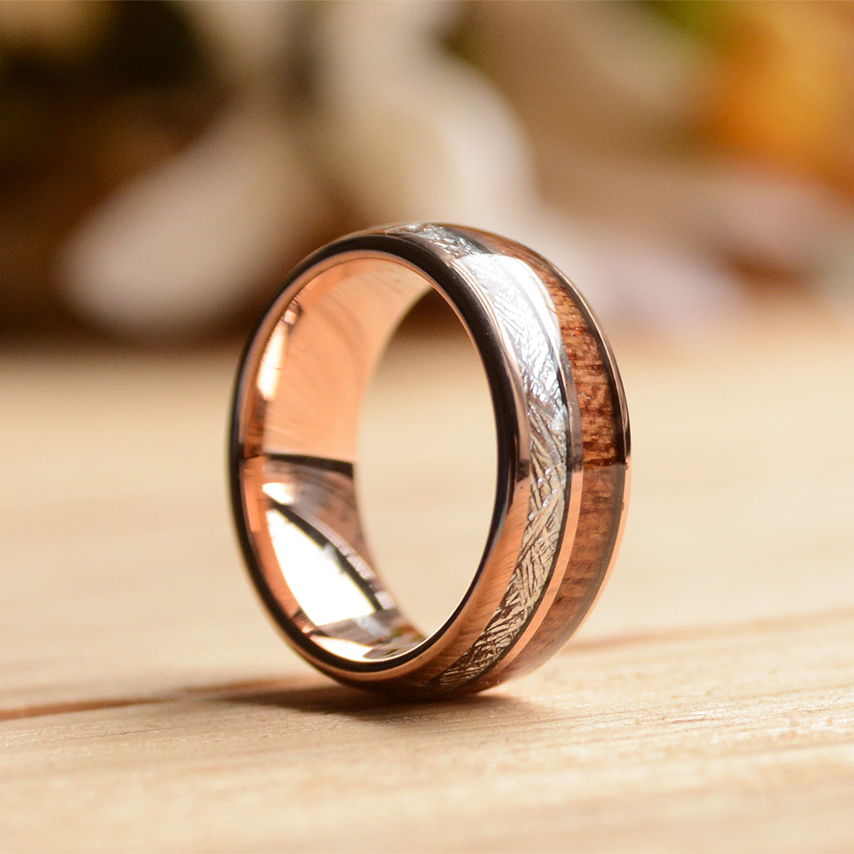 Wood Wedding Band: Urban Designer Rose Gold Tungsten Ring With Meteorite And Wood Wedding Ring