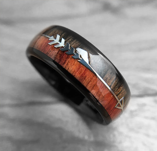 6mm Tungsten Rings with Wood Inlay and Sleek Silver Feathered Arrow