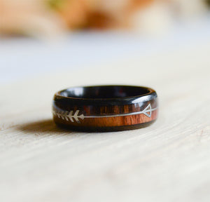 6mm Tungsten Rings with Wood Inlay and Sleek Silver Feathered Arrow
