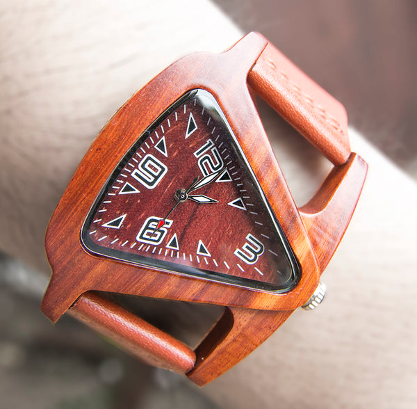 Red Triangle Wood Watch With Premium Leather Strap