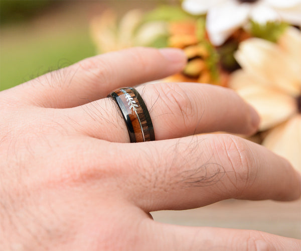 8mm Black Tungsten Ring With Cool Koa Wood Inlay and Sleek Silver Feathered Arrow