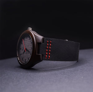Elegant Engraved Black Wooden Watch with Genuine Leather Band