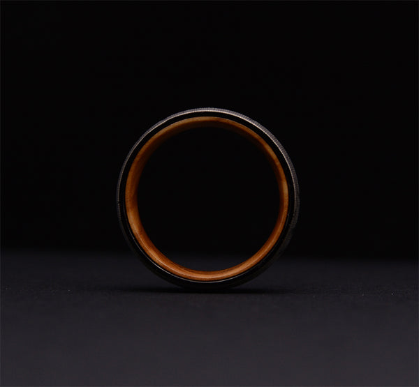 Lasered Forest Landscape Tungsten Ring Men's Dark Wedding Band with Olive Wood Sleeve