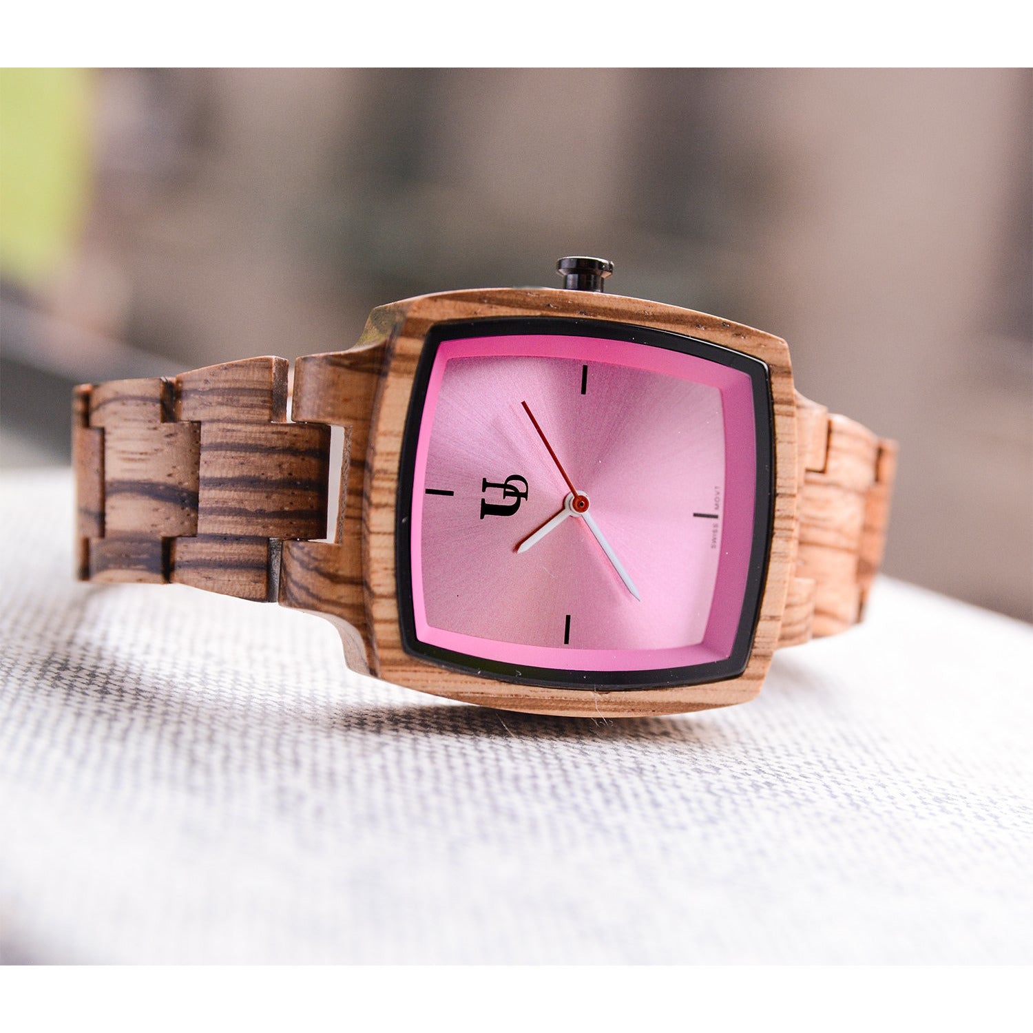 UD Classic Engraved Womens Zebra Square Wood Watch With Pink Face/Swiss Movement