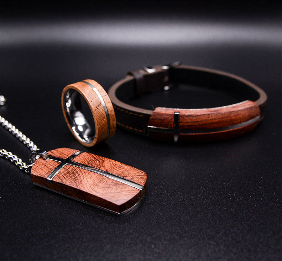 Wooden Jewelry Set: Premium Leather Bracelet For Men- Mens Wooden Wedding Band- Mens Pendant Necklace-Wood Necklace Pendants for Men
