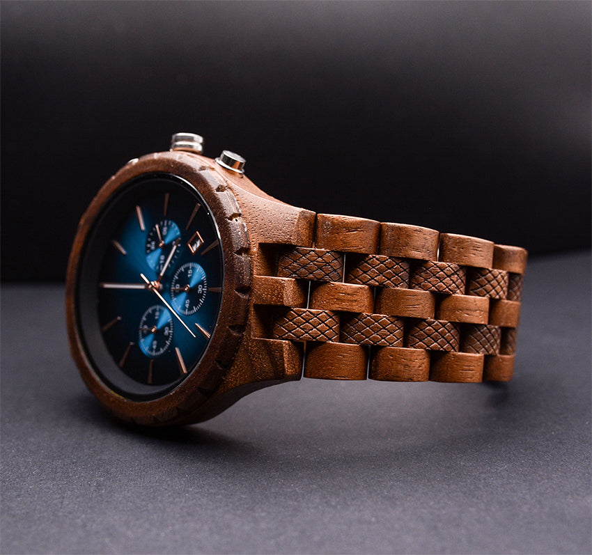 Classic Engraved Mens Dark Wood Watch With Blue Face