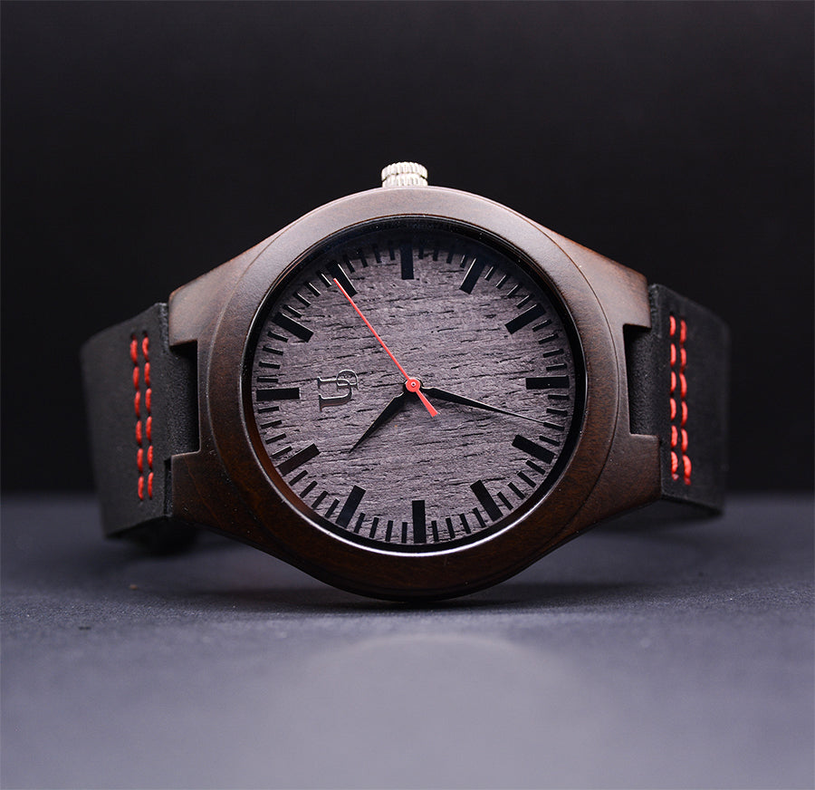 Elegant Engraved Wooden Watch Genuine Leather Band
