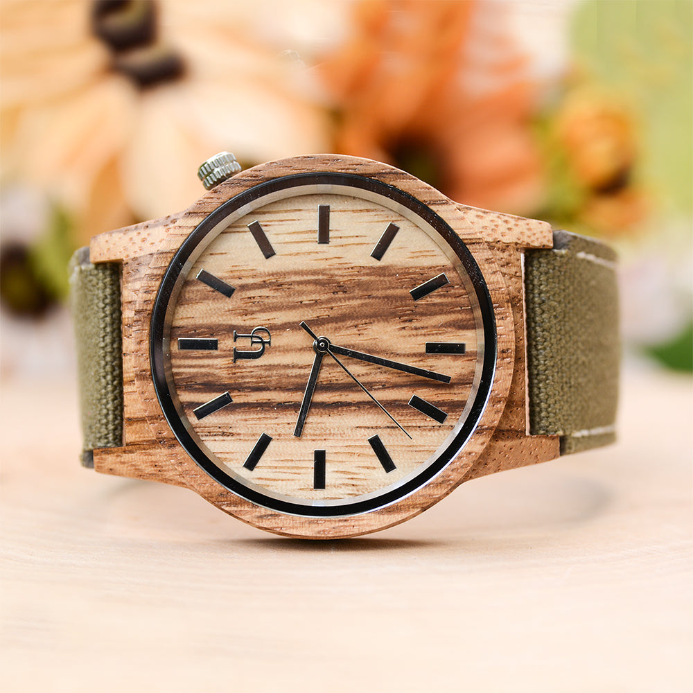 UD Engraved Watch Wood Watch Genuine Leather Canvas Watch Band